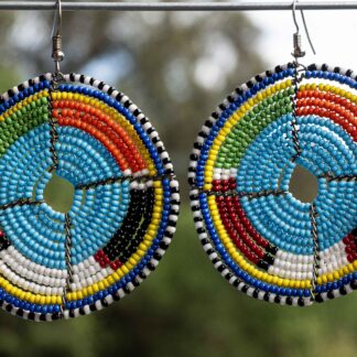 Circular shaped mixed maasai beaded earring fixed with wires & a circular hole in the middle.